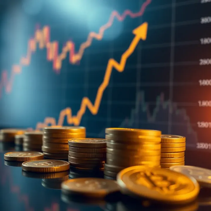 Digital representation of cryptocurrency coins and upward market graph