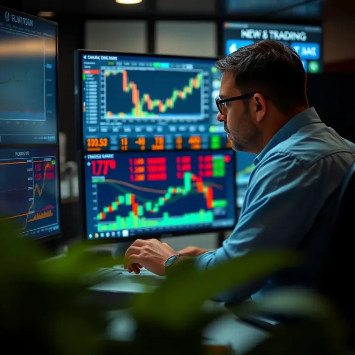 Illustration of a trader analyzing charts on multiple screens in a demo environment