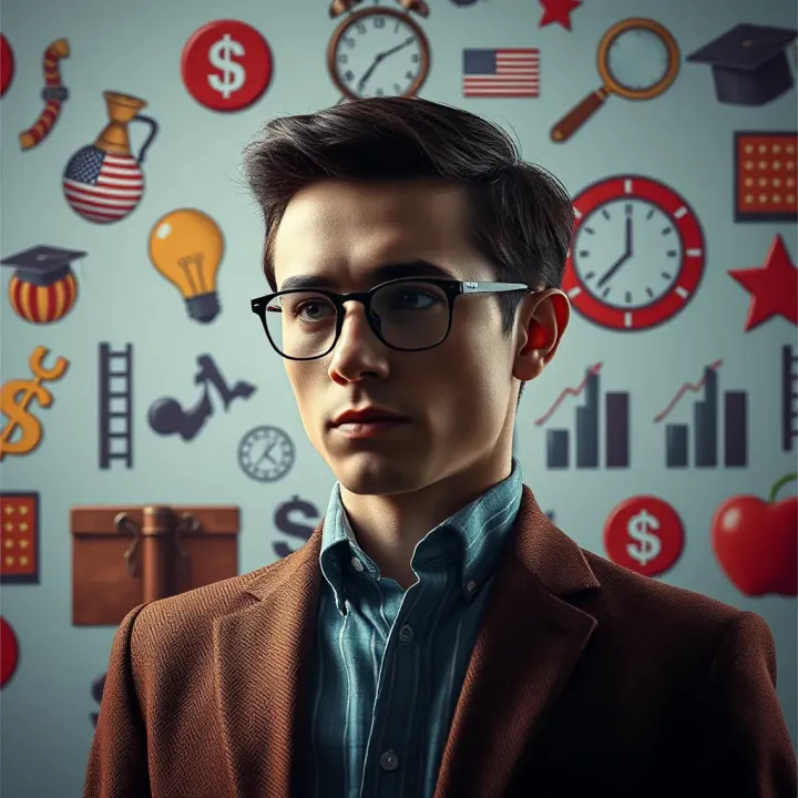 Illustration showing a focused individual surrounded by symbols of education, business, and success reflecting a unique mindset