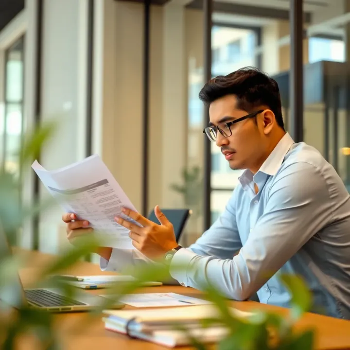 Small business owner reviewing financial documents while discussing funding options with a consultant in an office setting