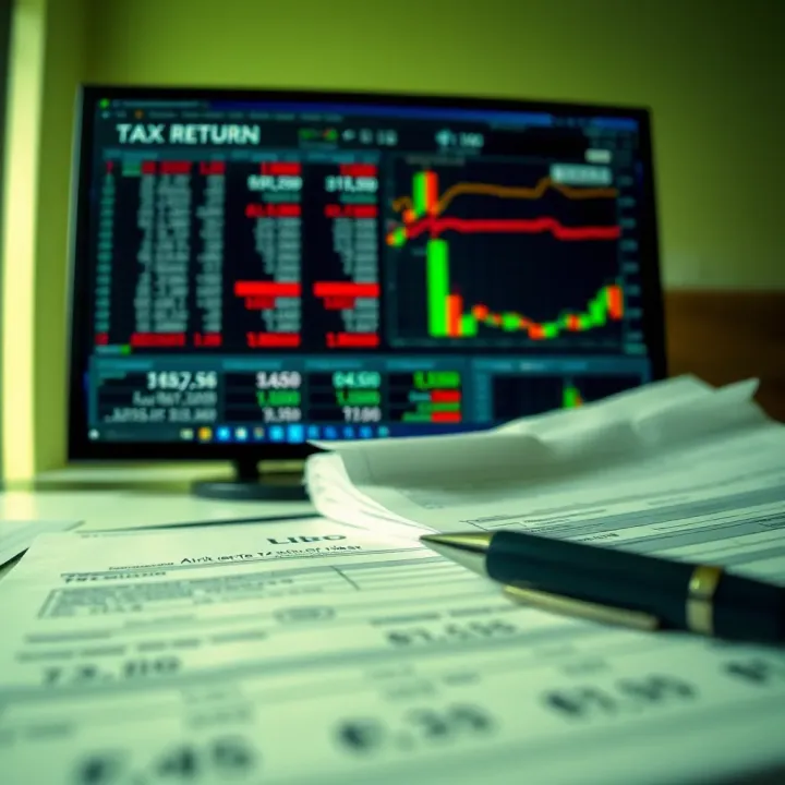 Documents and computer screen showing tax return forms and financial data
