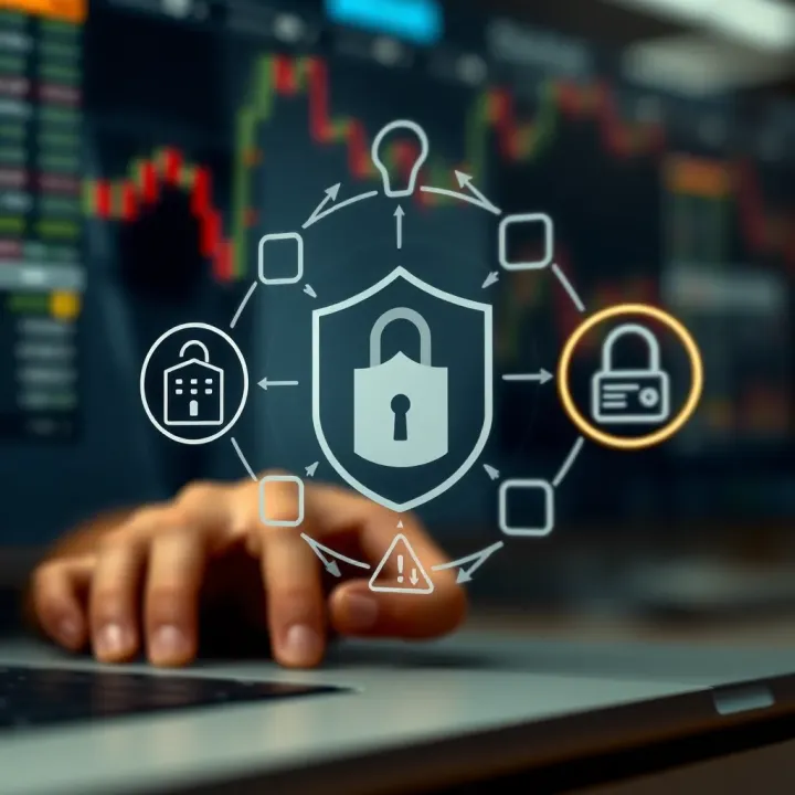 Conceptual visualization of secure online trading with data protection icons