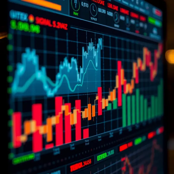Graphical representation of trading signals on a digital platform showing upward and downward trends