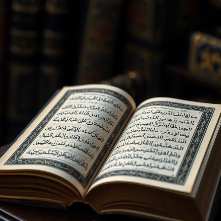 Open Quran with intricate Arabic calligraphy on ornate pages