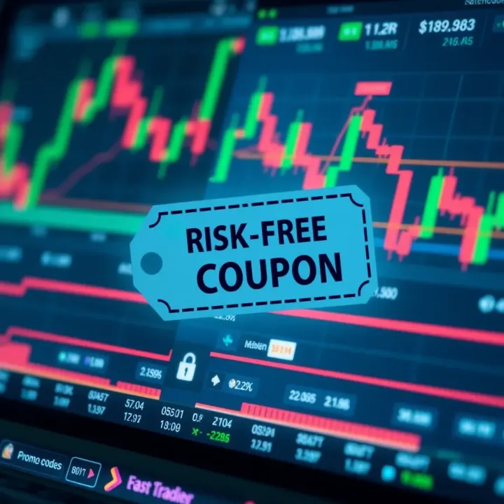 Illustration showing a digital coupon icon overlaying a trading platform interface