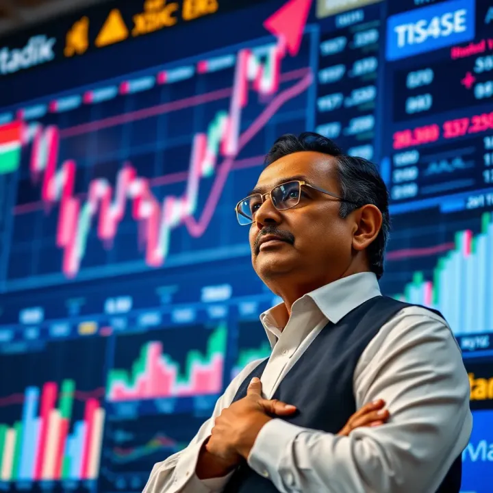 Business leader standing in front of a digital screen displaying economic data and charts