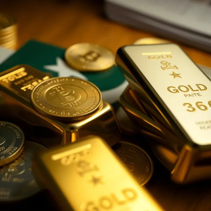 Close-up of gold bars and coins representing investment assets in Pakistan