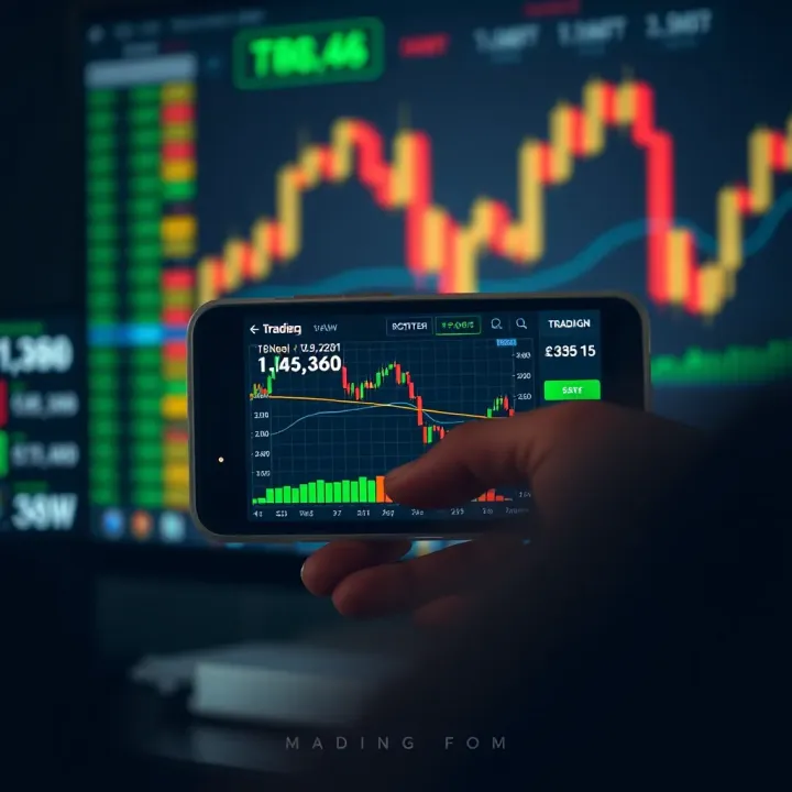 Trading App Interface Showcasing Market Charts and Data Mobile device displaying a trading app interface with stock charts and financial data