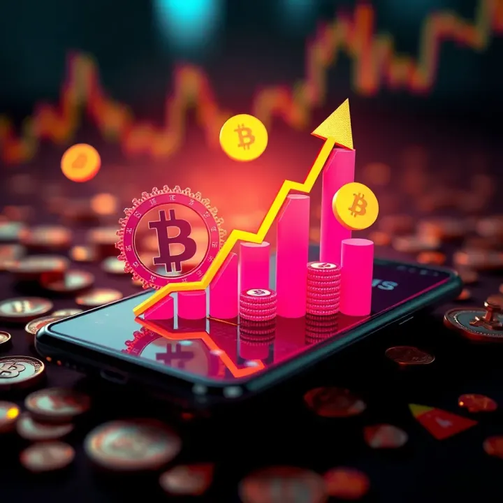 Illustration of financial growth symbols around a smartphone representing no upfront investment trading apps
