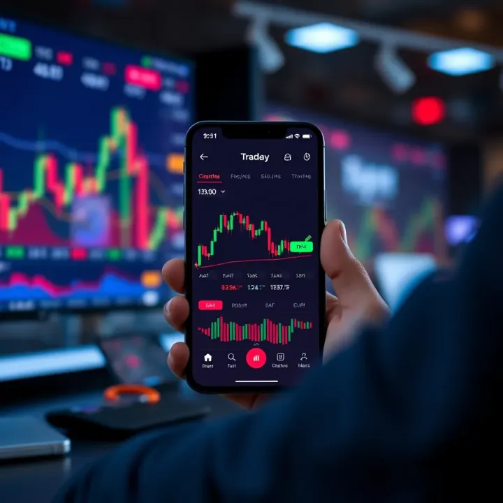Mobile device displaying a trading app interface with charts and market data