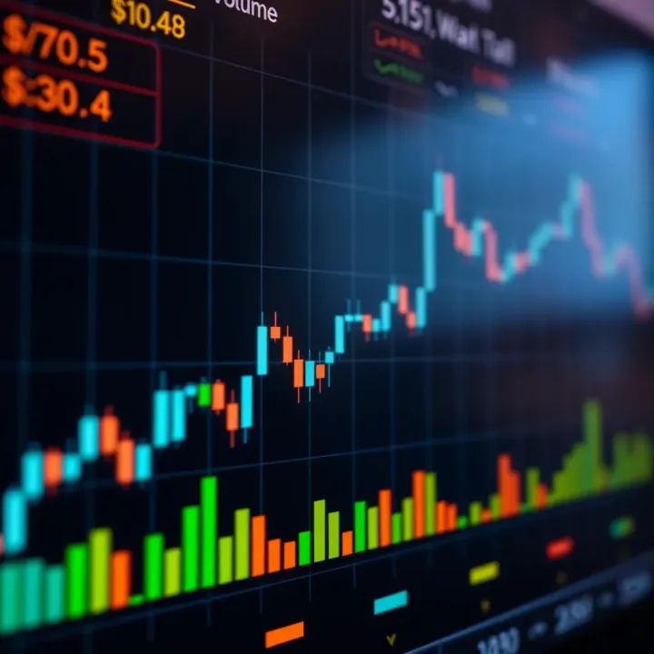 Candlestick chart showcasing price movements with volume bars below