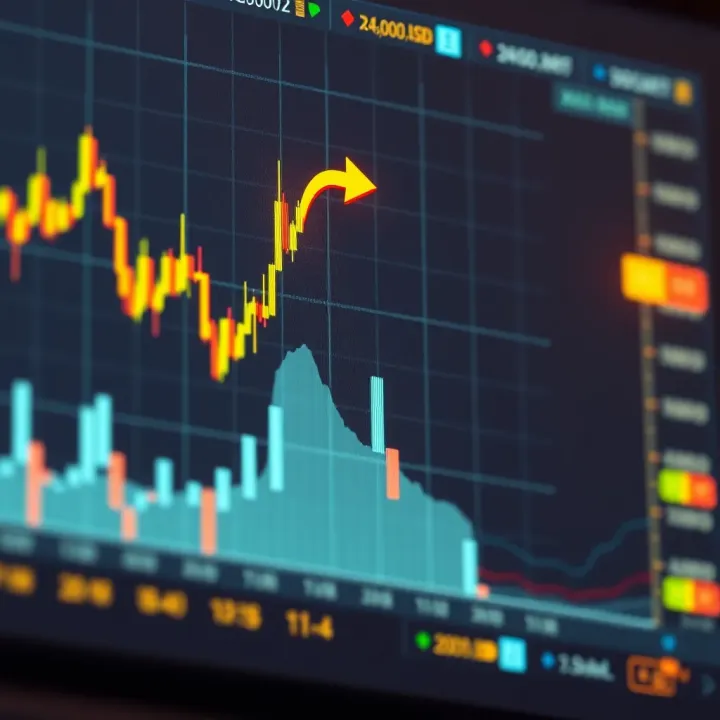Graph showing fluctuations in gold prices against the US dollar with indicators highlighting trading signals