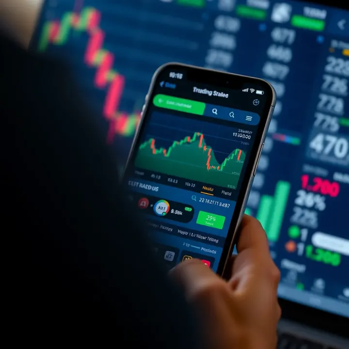 Mobile phone screen showing a trading app interface with various charts and stock options
