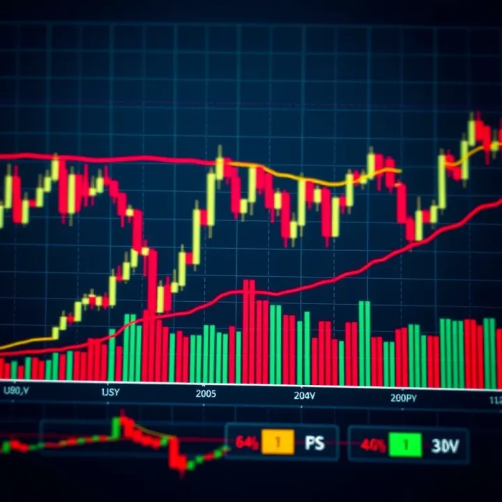 Graph showing upward trend of USDJPY currency pair with candlestick chart and technical indicators