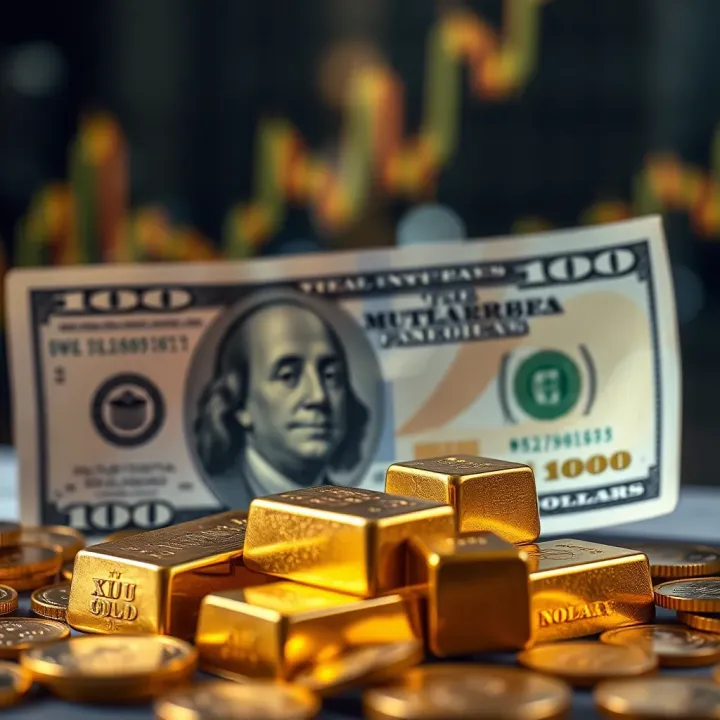 Illustration depicting gold bars alongside US Dollar currency notes symbolizing investment