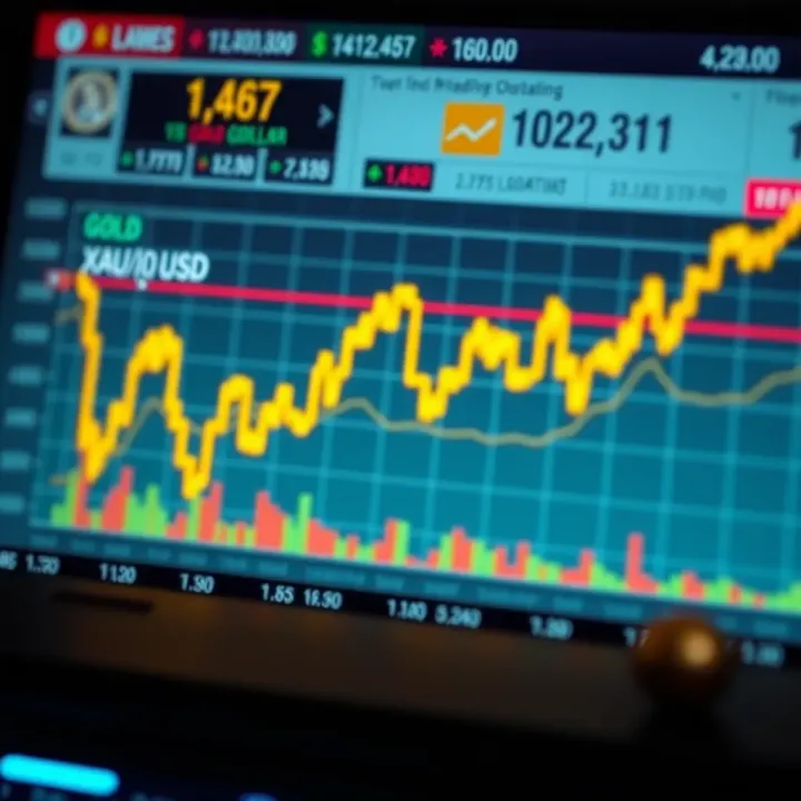 Chart showing fluctuating gold prices against the US dollar with indicators of economic events