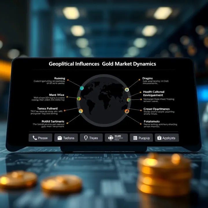 Geopolitical Influences on Gold Market Dynamics Diagram illustrating geopolitical factors impacting gold prices and market sentiment