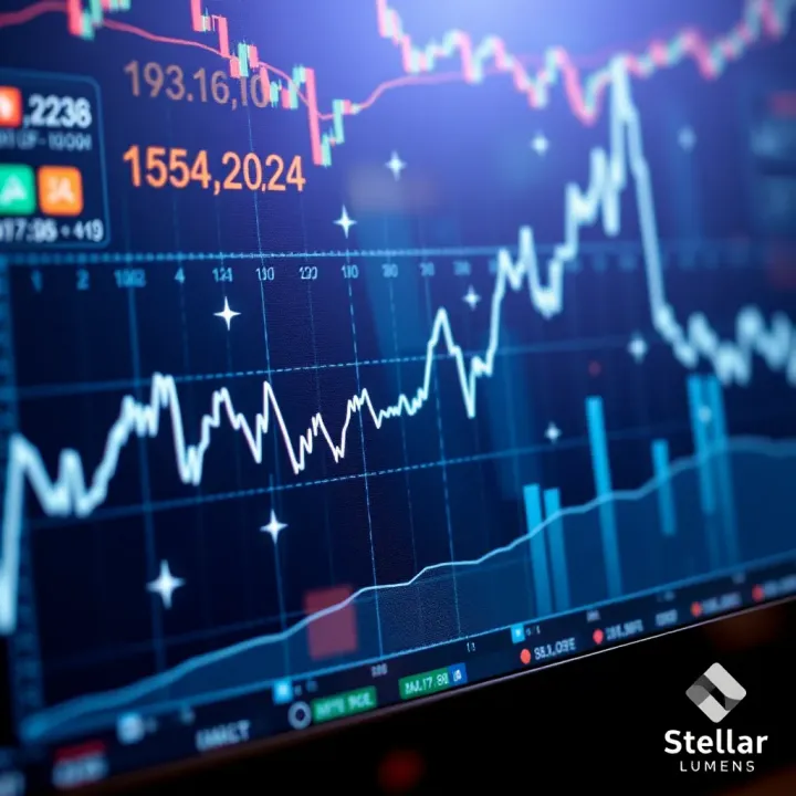 Stellar Lumens Price Trend Analysis Graph showing upward trend in Stellar Lumens cryptocurrency price with digital network background